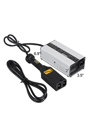 Cargador de batería para carrito de golf VEVOR con cables y dimensiones.