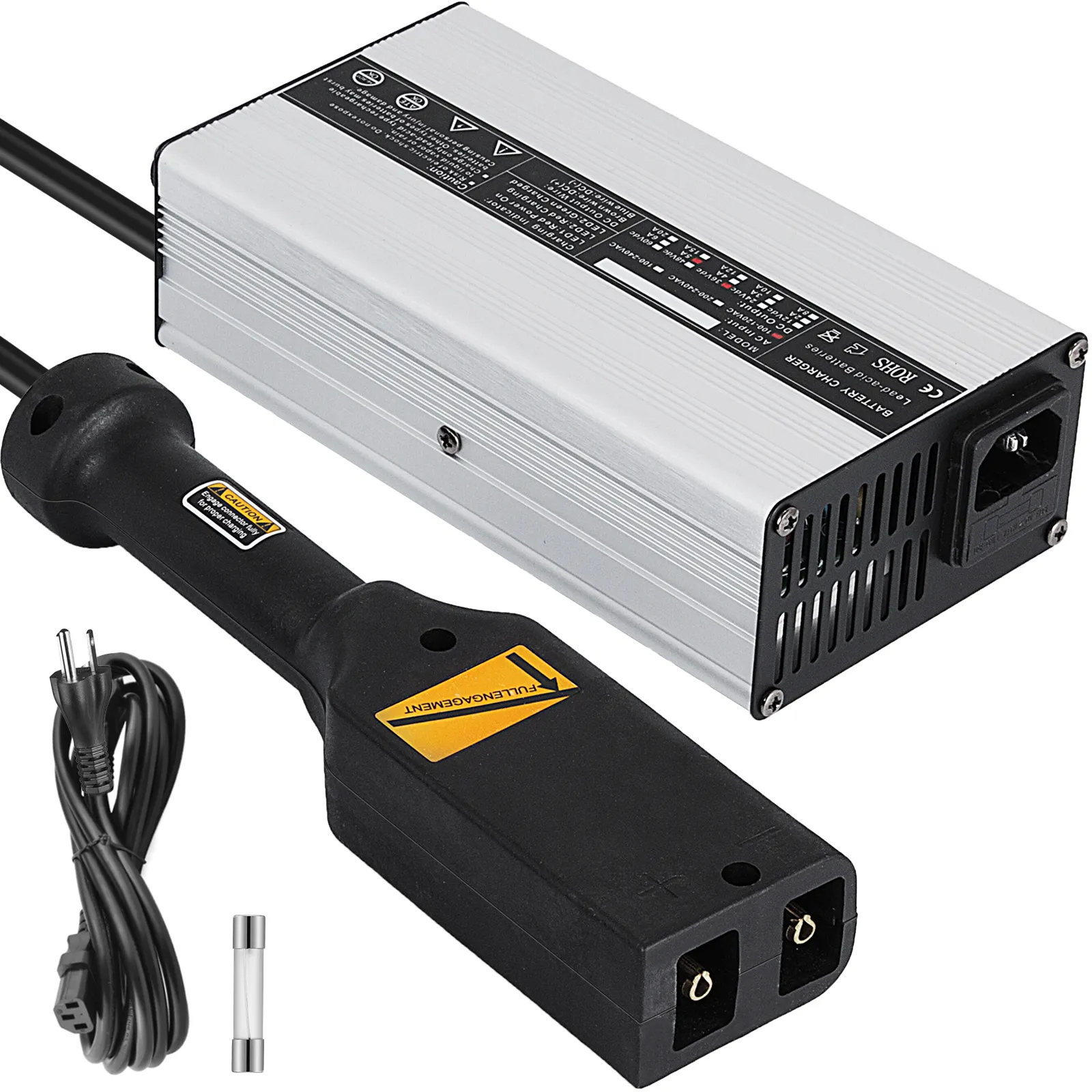 Cargador de batería para carrito de golf VEVOR con cables y fusible.