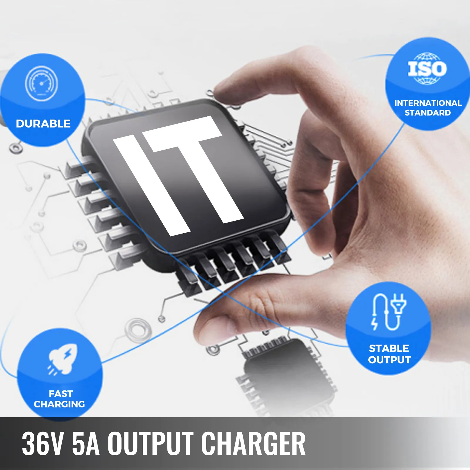 mano sosteniendo un chip que simboliza el cargador de batería de carrito de golf VEVOR con características y salida de 36v 5a.