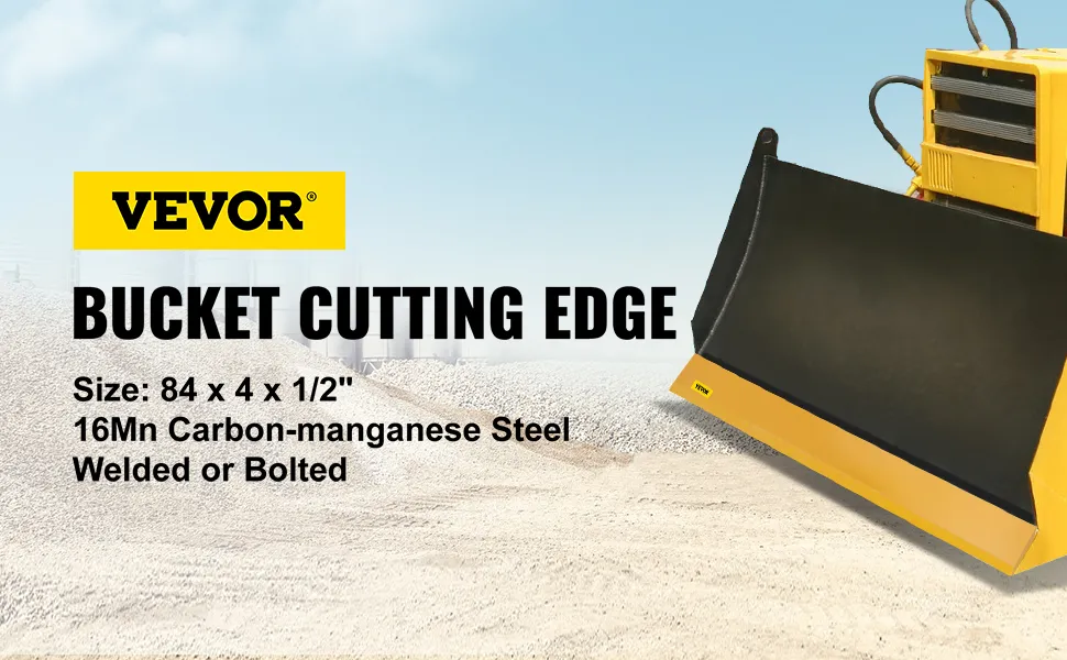 VEVOR bucket cutting edge with bulldozer, size and materials specifications.