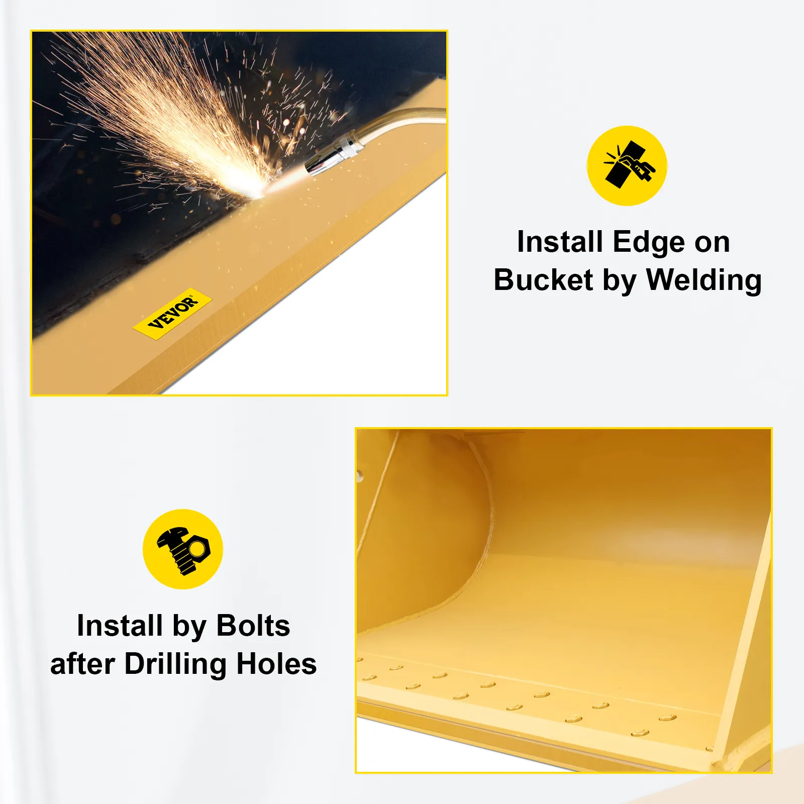 VEVOR bucket cutting edge installation by welding or bolting on a yellow bucket.