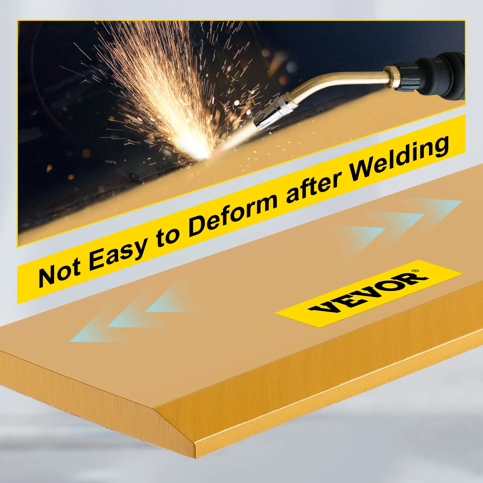 VEVOR bucket cutting edge showcasing welding sparks and slogan "not easy to deform."