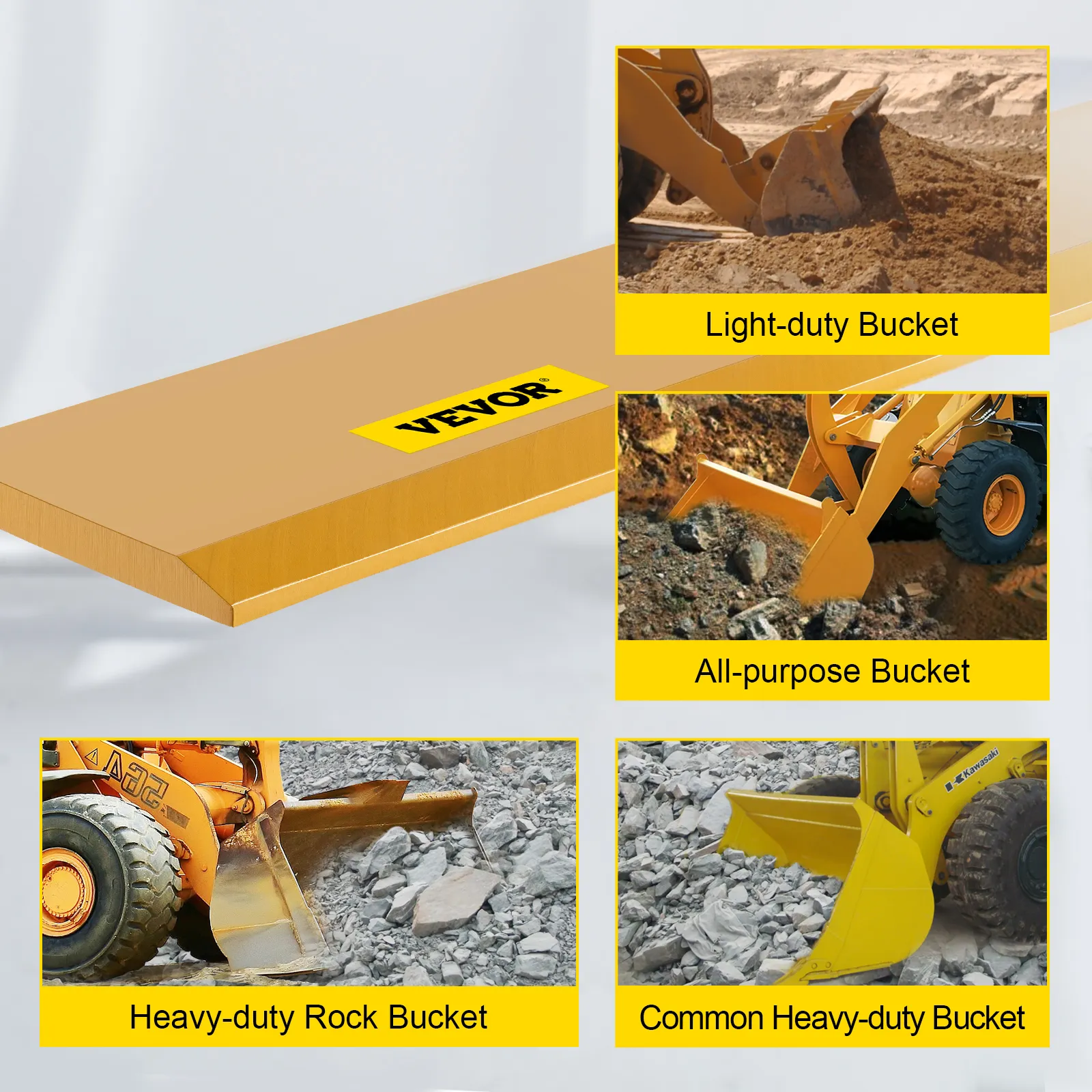 VEVOR bucket cutting edge with light-duty, all-purpose, and rock buckets in action.