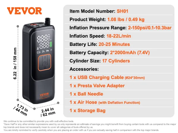 VEVOR portable tire inflator with digital display, usb charging cable, ball needle, and storage bag.