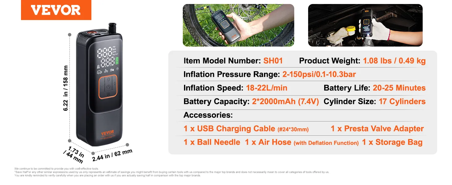 VEVOR portable tire inflator with digital display, usb charging cable, ball needle, and storage bag.