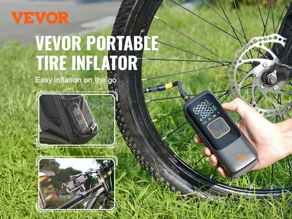 VEVOR portable tire inflator showcased for easy bike tire inflation on the go, with compact design and usability.
