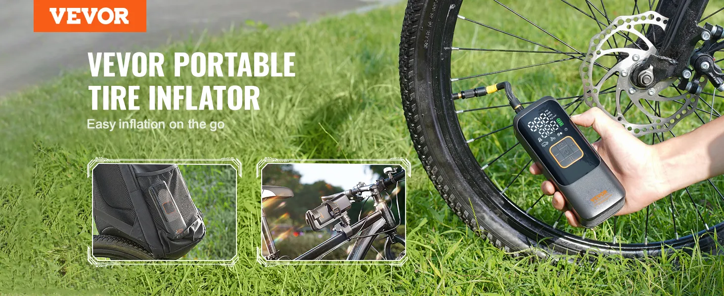 VEVOR portable tire inflator showcased for easy bike tire inflation on the go, with compact design and usability.