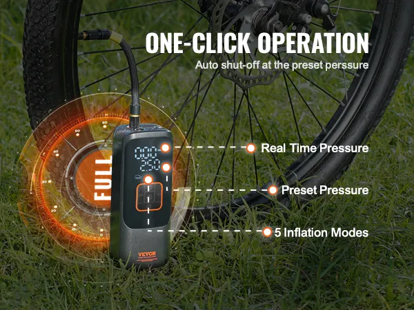 VEVOR portable tire inflator showing one-click operation, real-time pressure, and preset options.