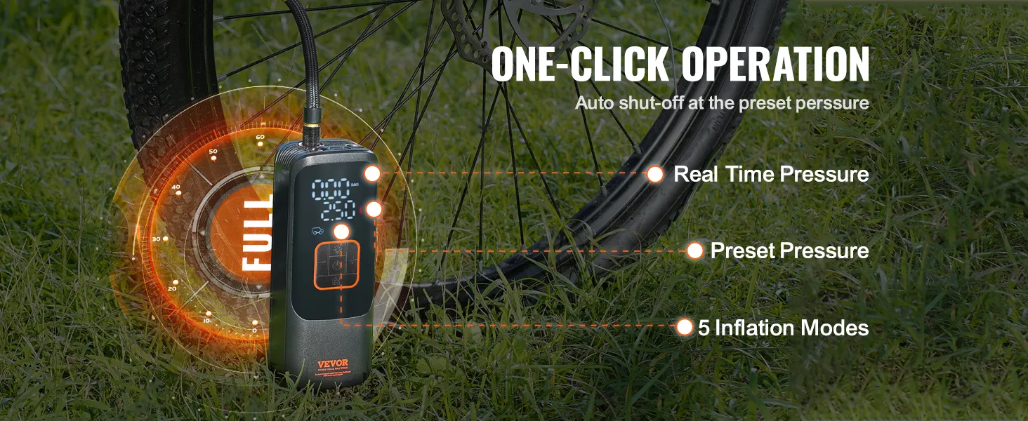 VEVOR portable tire inflator showing one-click operation, real-time pressure, and preset options.