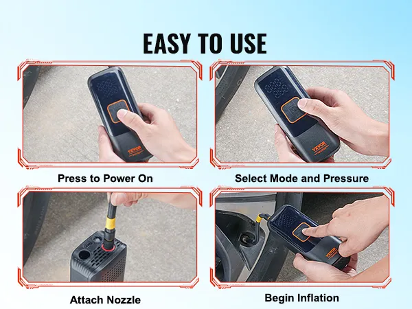 easy-to-use VEVOR portable tire inflator: power on, select mode, attach nozzle, begin inflation.