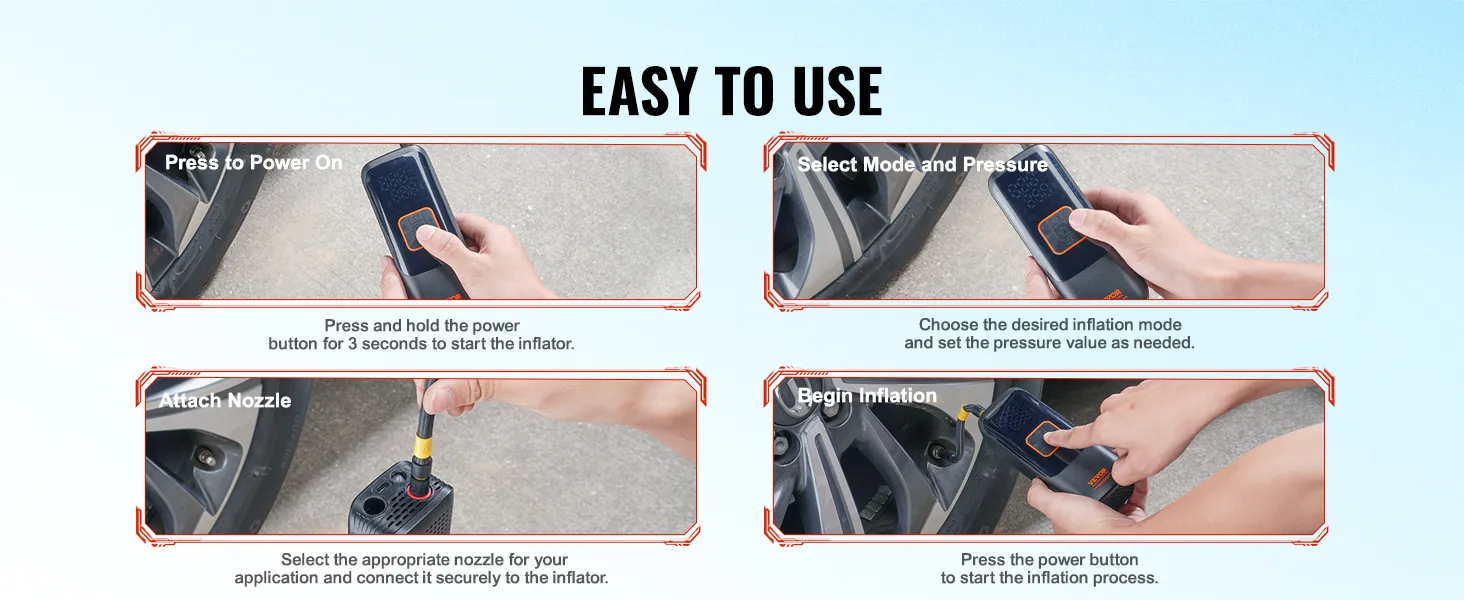 easy-to-use VEVOR portable tire inflator: power on, select mode, attach nozzle, begin inflation.