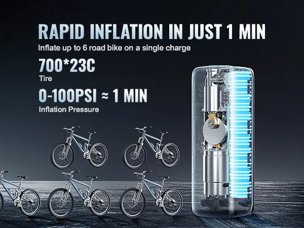 VEVOR portable tire inflator: rapidly inflates 6 road bike tires to 0-100 psi in 1 minute.