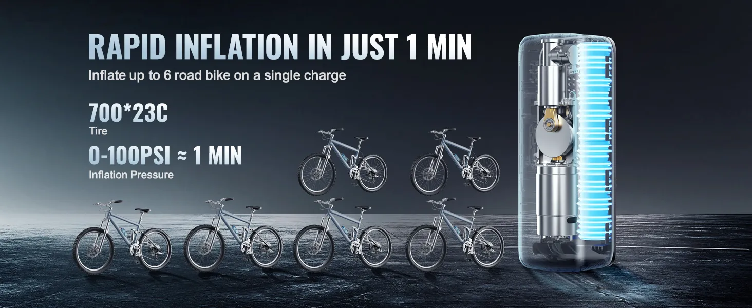 VEVOR portable tire inflator: rapidly inflates 6 road bike tires to 0-100 psi in 1 minute.