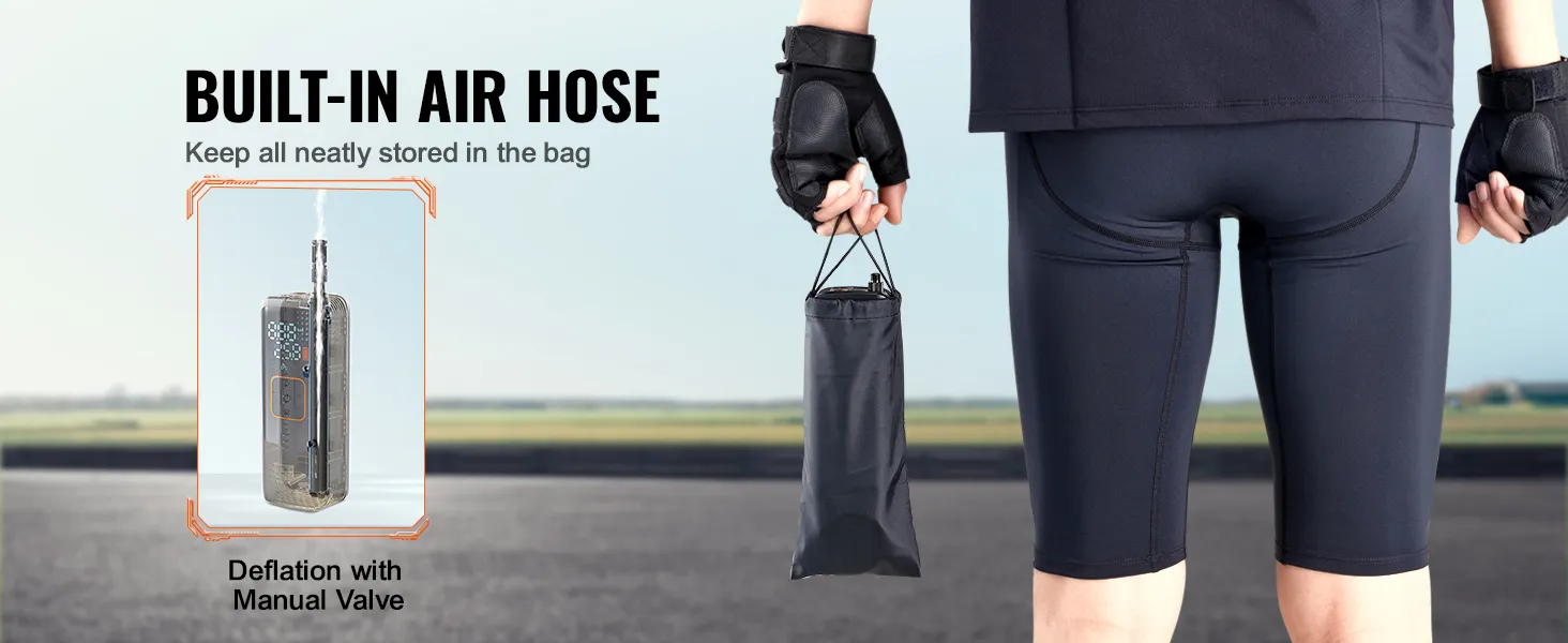 VEVOR portable tire inflator with built-in air hose, shown with gloved hand holding storage bag.