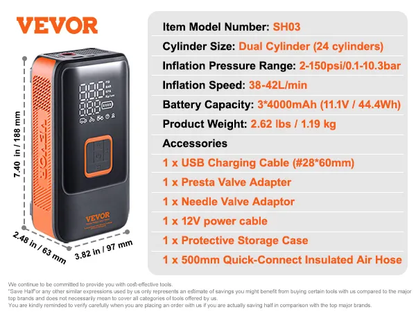 VEVOR portable tire inflator with digital display, usb charging, dual cylinder, and multiple accessories.