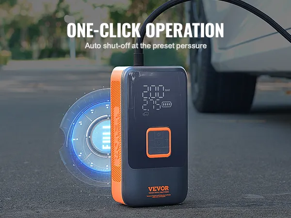 VEVOR portable tire inflator with one-click operation, auto shut-off, 4+n smart modes, and real-time monitoring.