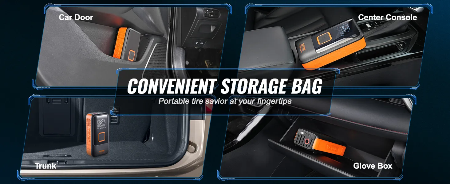 VEVOR portable tire inflator in car door, center console, trunk, and glove box for easy storage.