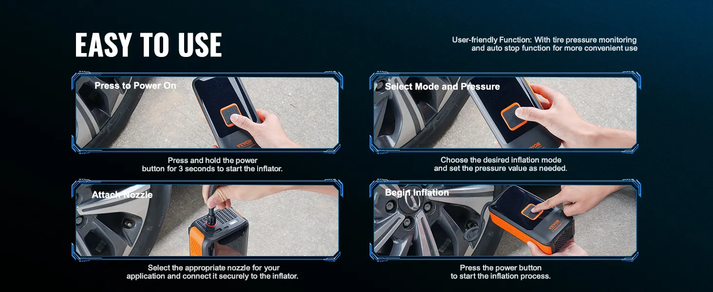 VEVOR portable tire inflator steps: press to power on, attach nozzle, select mode, begin inflation. easy to use.