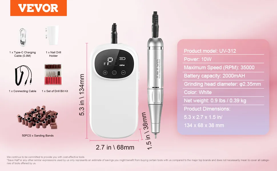 VEVOR Nagelbohrer UV-312, 10 W, 35.000 U/min, 2.000 mAh Akku, Farbe weiß, mit Zubehör und Abmessungen.