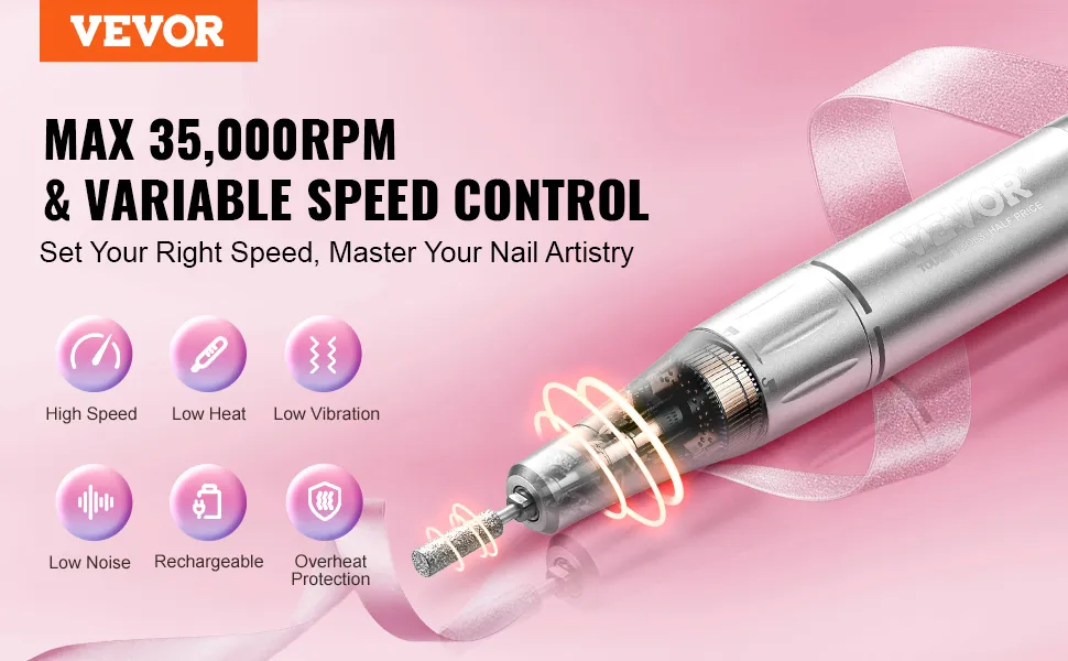 VEVOR-Nagelbohrer mit max. 35.000 U/min, variabler Geschwindigkeitsregelung und Funktionen wie geringer Hitze und Vibration.