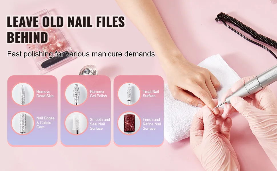 Maniküre mit dem VEVOR-Nagelfräser, insbesondere mit seinen Funktionen zur Entfernung abgestorbener Hautzellen, Gelpolitur und Nagelverfeinerung.