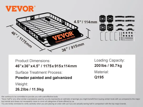 VEVOR roof rack: 46"x36"x4.5", 200lb capacity, q195, powder painted and galvanized, 26.2lbs.