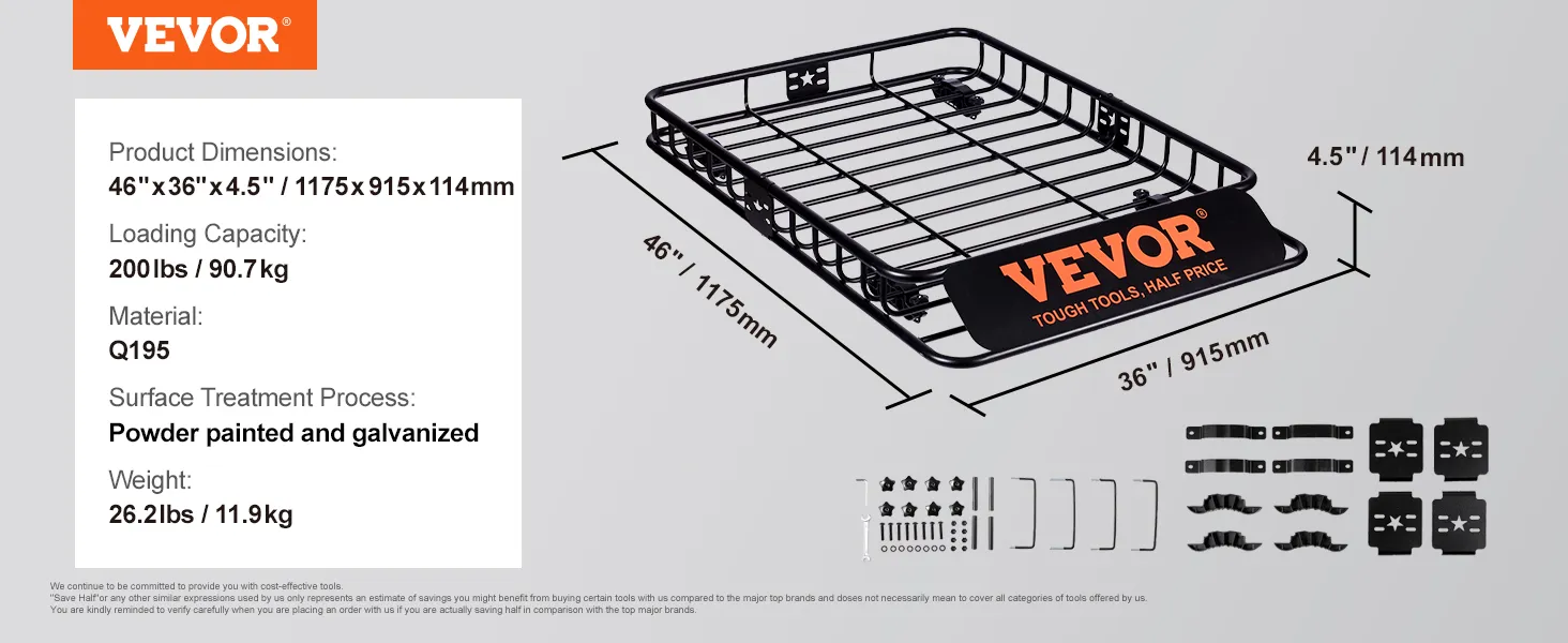 VEVOR roof rack: 46"x36"x4.5", 200lb capacity, q195, powder painted and galvanized, 26.2lbs.
