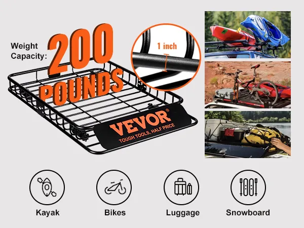 VEVOR roof rack with 200-pound capacity for carrying kayaks, bikes, luggage, and snowboards.