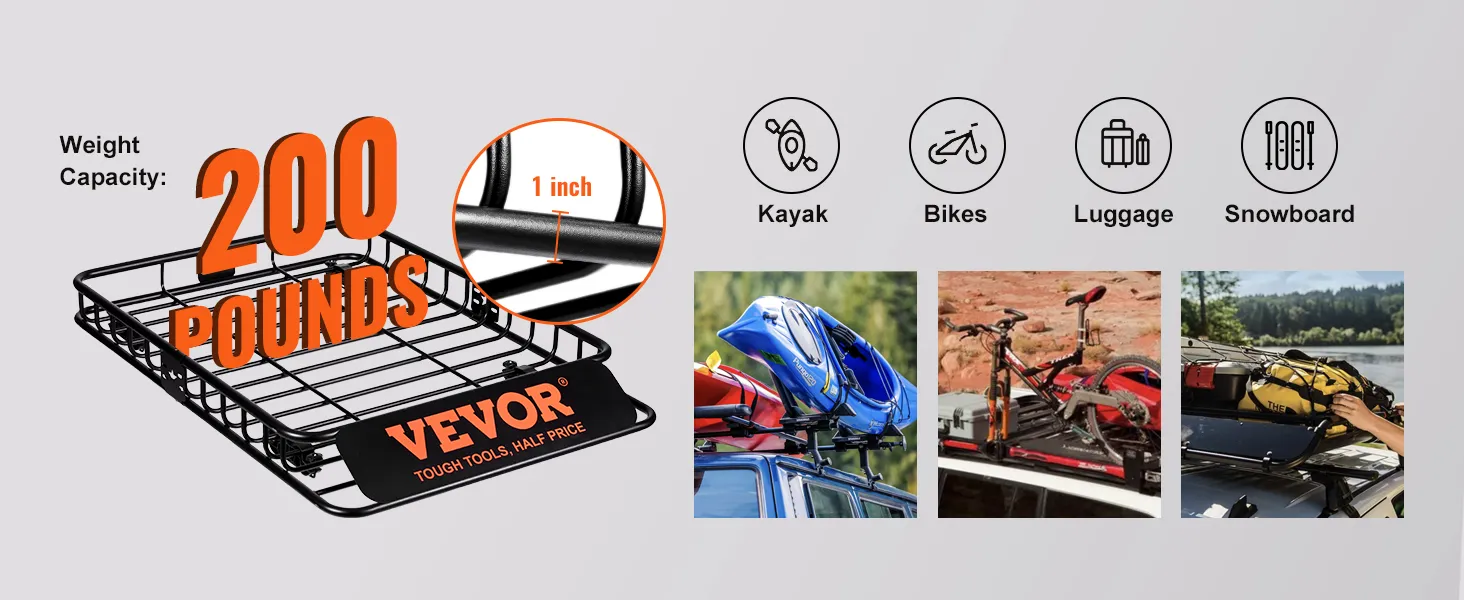 VEVOR roof rack with 200-pound capacity for carrying kayaks, bikes, luggage, and snowboards.