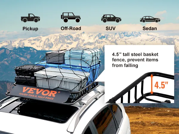 VEVOR roof rack holding various containers on a car, with mountain backdrop and product highlights.