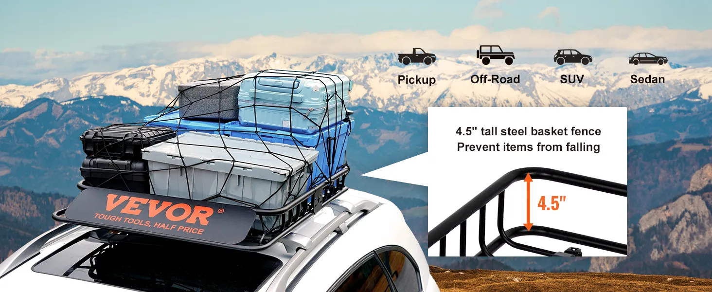 VEVOR roof rack holding various containers on a car, with mountain backdrop and product highlights.