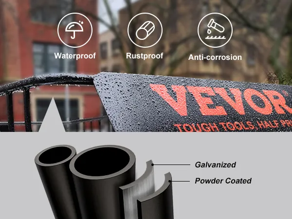 VEVOR roof rack on wet car showing powder-coated, galvanized layers; waterproof, rustproof, anti-corrosion features