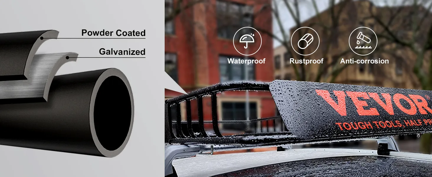 VEVOR roof rack on wet car showing powder-coated, galvanized layers; waterproof, rustproof, anti-corrosion features