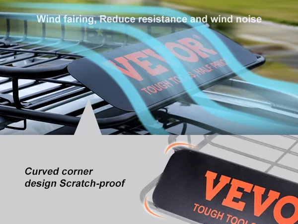 VEVOR roof rack with wind fairing, curved corner design, and scratch-proof materials for reduced wind noise.