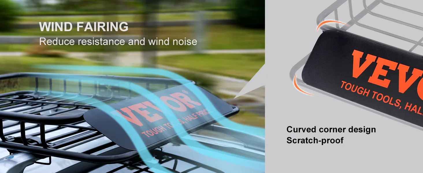 VEVOR roof rack with wind fairing, curved corner design, and scratch-proof materials for reduced wind noise.
