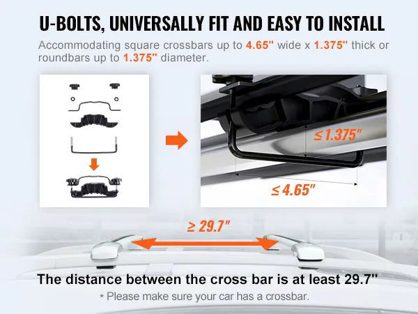 VEVOR roof rack installation guide with u-bolts and crossbar dimensions, requiring at least 29.7 inches distance.