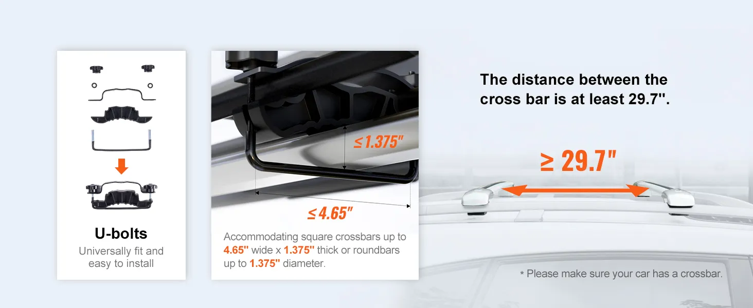 VEVOR roof rack installation guide with u-bolts and crossbar dimensions, requiring at least 29.7 inches distance.