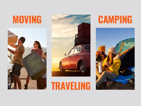 moving, traveling, and camping with VEVOR roof rack on various vehicles and outdoor activities.