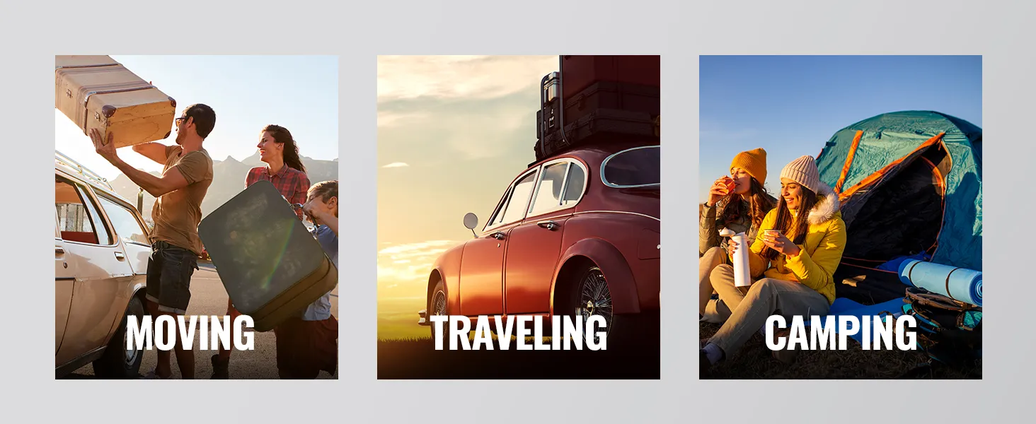 moving, traveling, and camping with VEVOR roof rack on various vehicles and outdoor activities.
