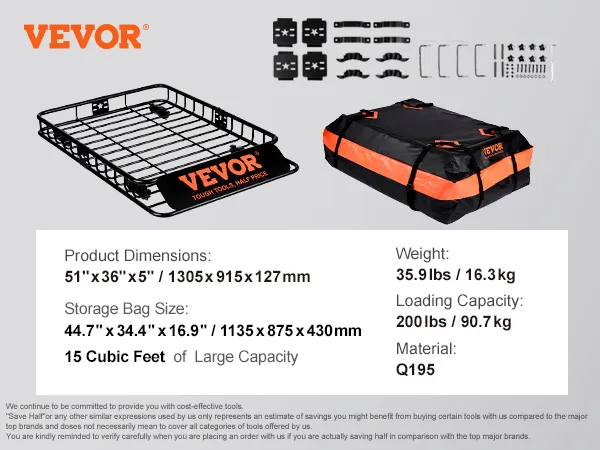 VEVOR roof rack with dimensions, storage bag size, and loading capacity details.
