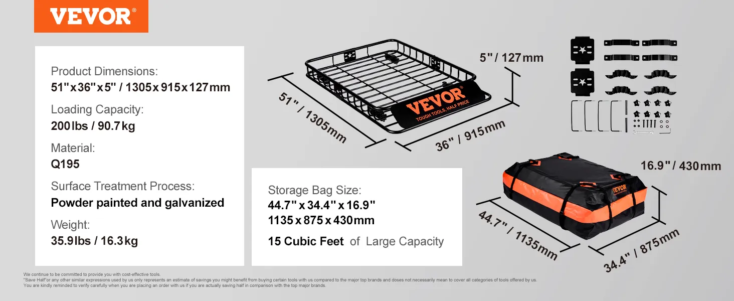 VEVOR roof rack with dimensions, storage bag size, and loading capacity details.