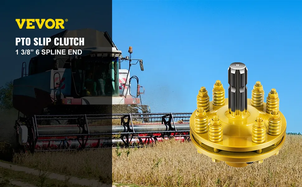 VEVOR pto slip clutch displayed with a combine harvester in a wheat field.