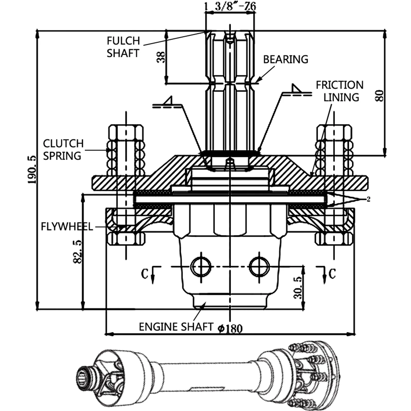 VEVOR pto slip clutch technical diagram with labeled dimensions and components.
