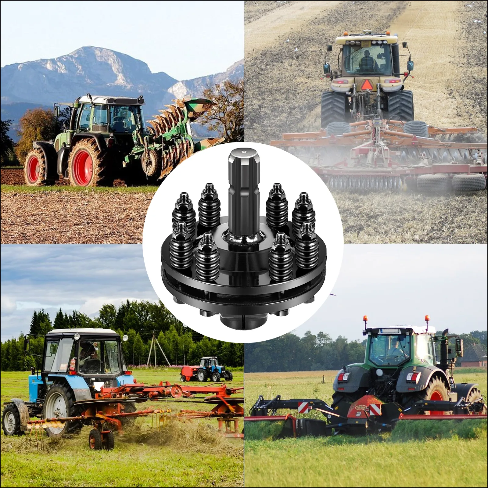 Tractores con embrague deslizante de toma de fuerza VEVOR trabajando en diversas tareas agrícolas en un diseño cuádruple.