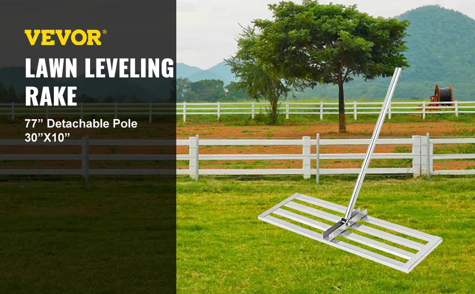VEVOR lawn leveler tool with a 77" pole on a grassy field near a fence and trees.