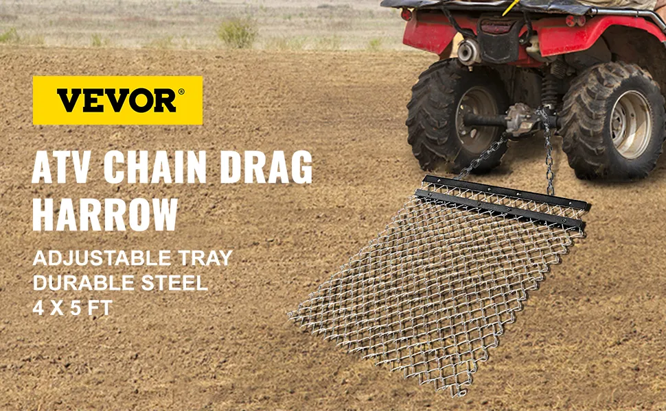 VEVOR atv chain drag mat attached to off-road vehicle on plowed field.