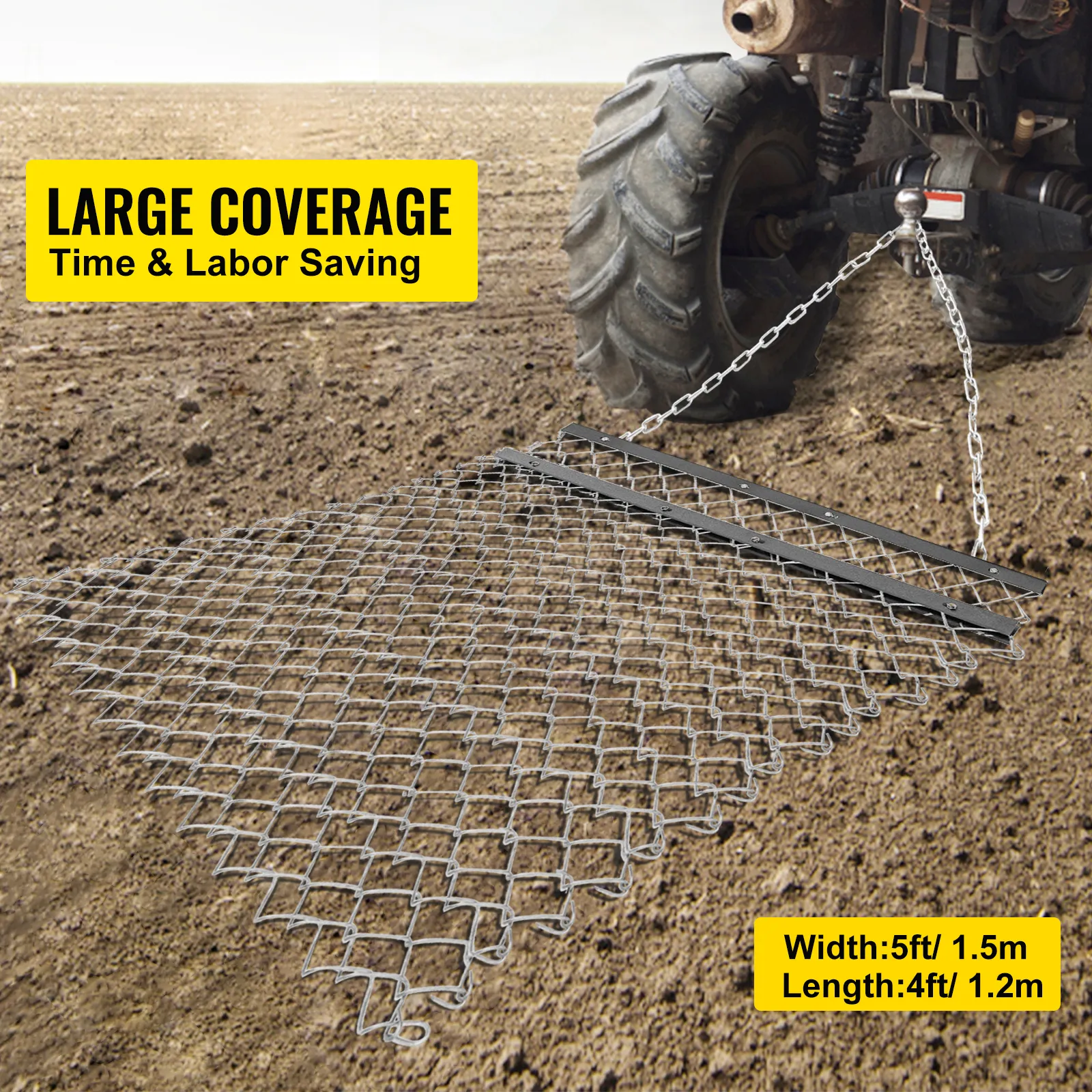 VEVOR atv chain drag mat on dirt, promoting large coverage and time-saving features.