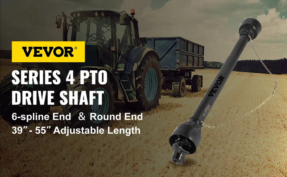 VEVOR pto shaft with agricultural tractor background and adjustable length details.