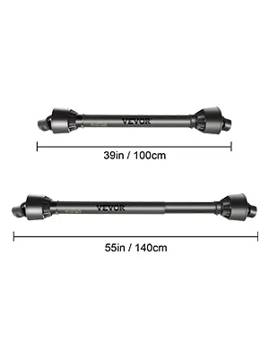 VEVOR pto shaft, 39in and 55in, showing length measurements in inches and centimeters.