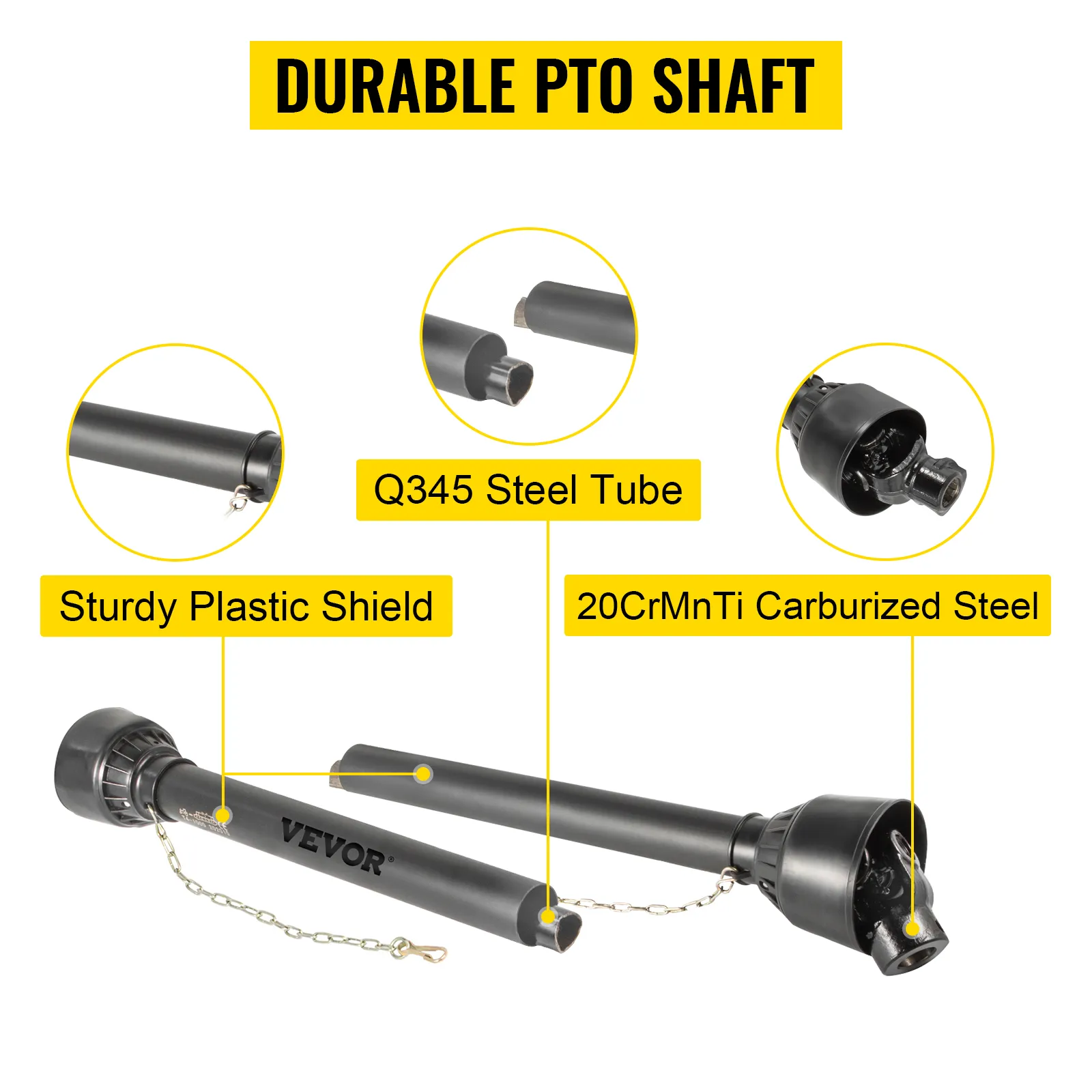 VEVOR pto shaft with q345 steel tube, 20crmnti carburized steel, and sturdy plastic shield.